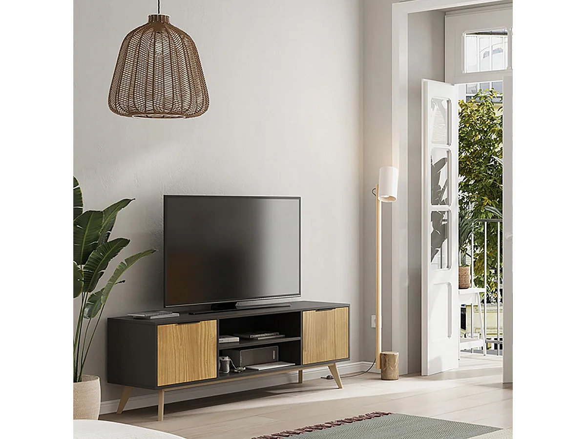 VIKOV - Meuble TV 140cm 2 Portes Scandinave en Pin Massif Ciré