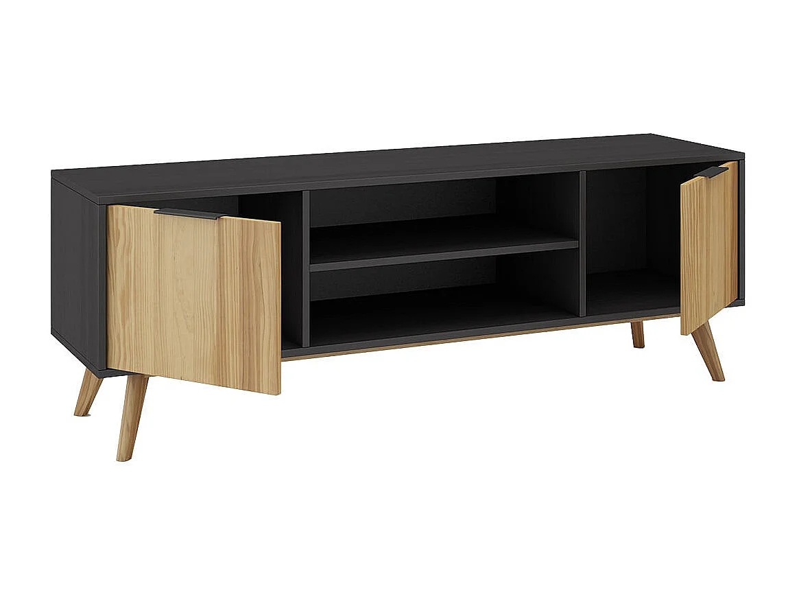 VIKOV - Meuble TV 140cm 2 Portes Scandinave en Pin Massif Ciré