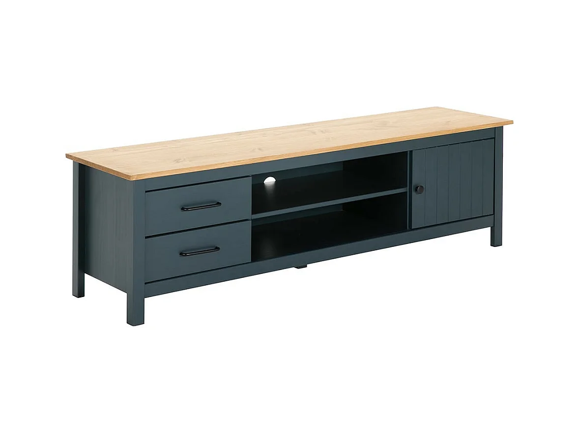 TINA - Meuble TV 1 Porte 2 Tiroirs Bois Ciré et Bleu Pétrole