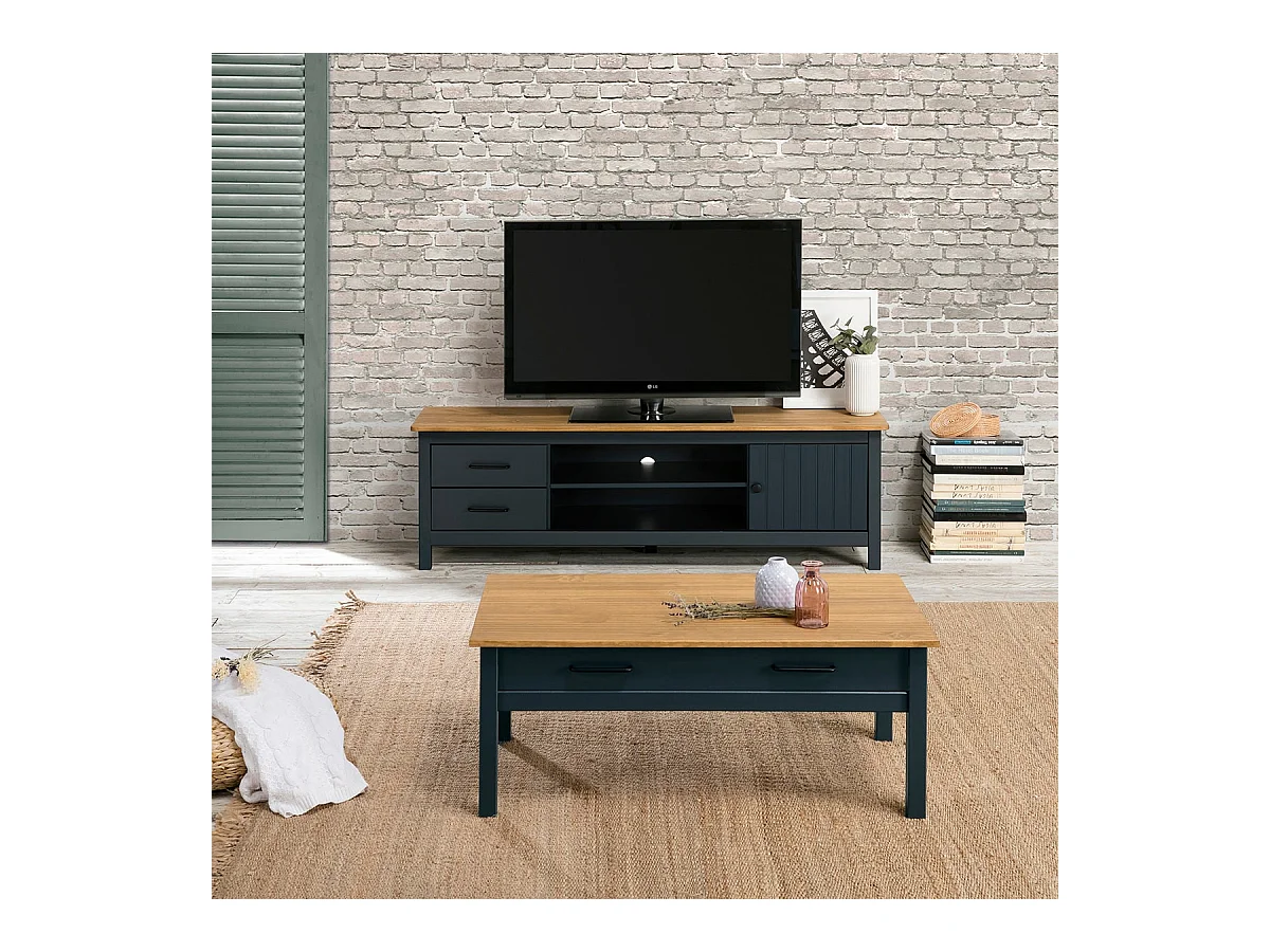 TINA - Meuble TV 1 Porte 2 Tiroirs Bois Ciré et Bleu Pétrole