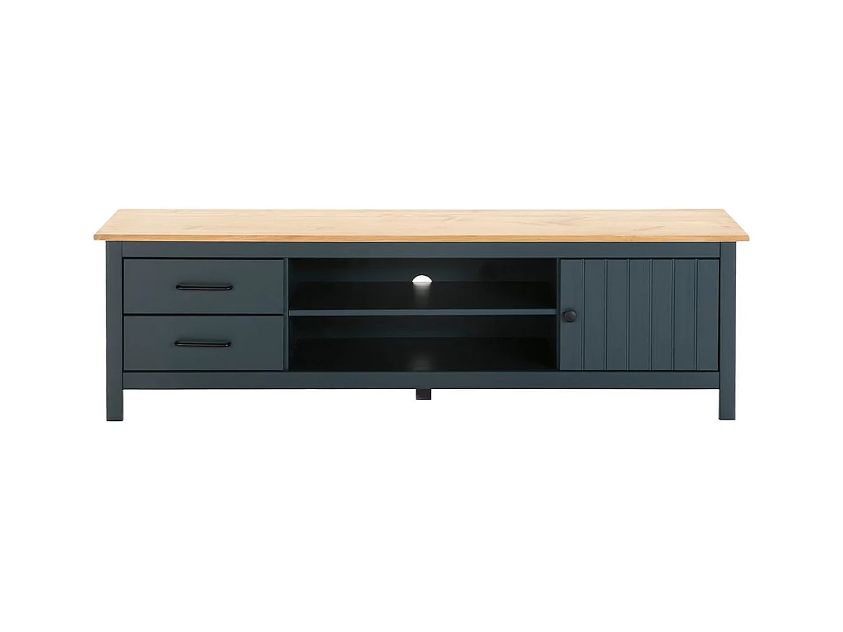 TINA - Meuble TV 1 Porte 2 Tiroirs Bois Ciré et Bleu Pétrole