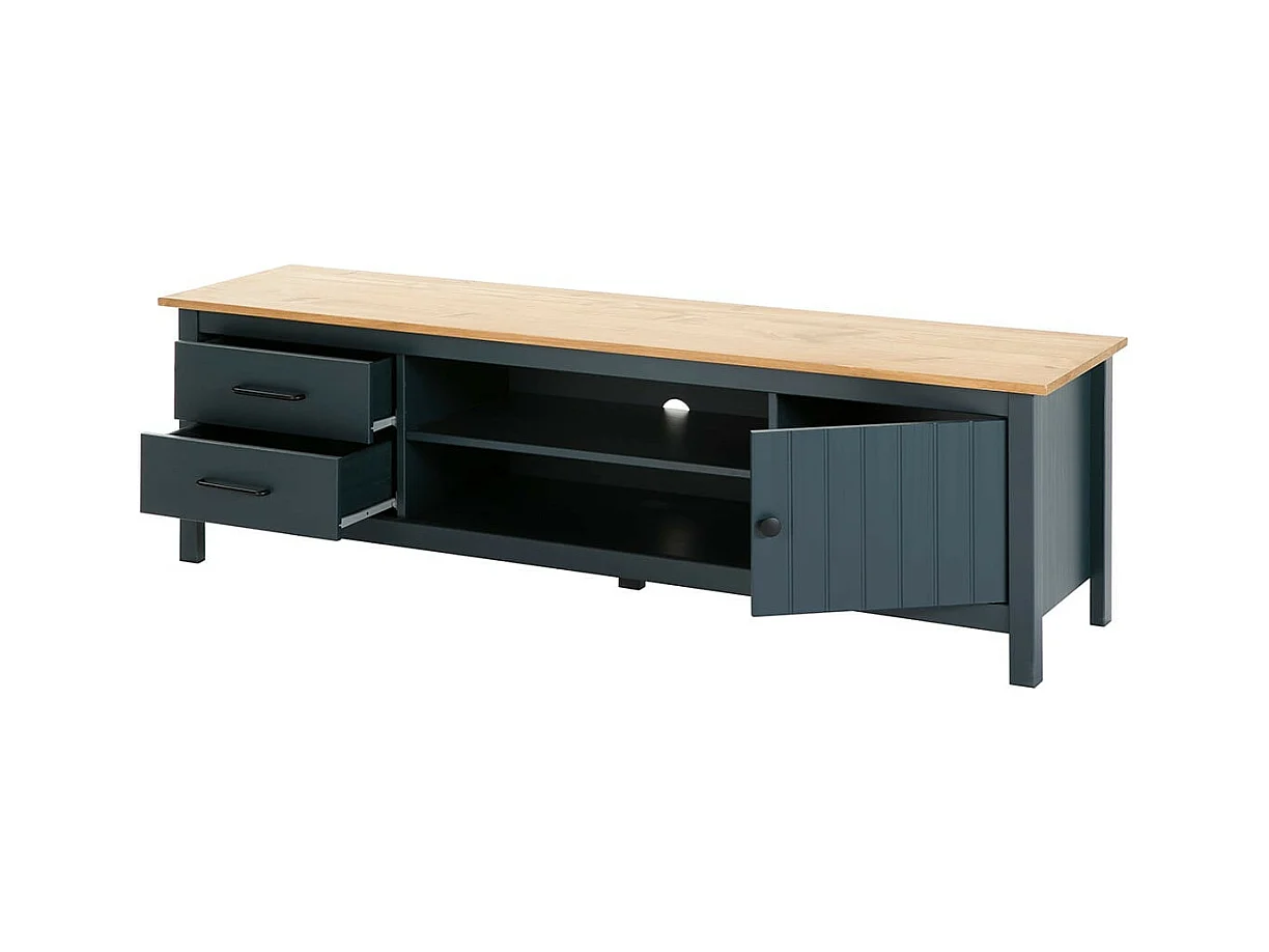 TINA - Meuble TV 1 Porte 2 Tiroirs Bois Ciré et Bleu Pétrole