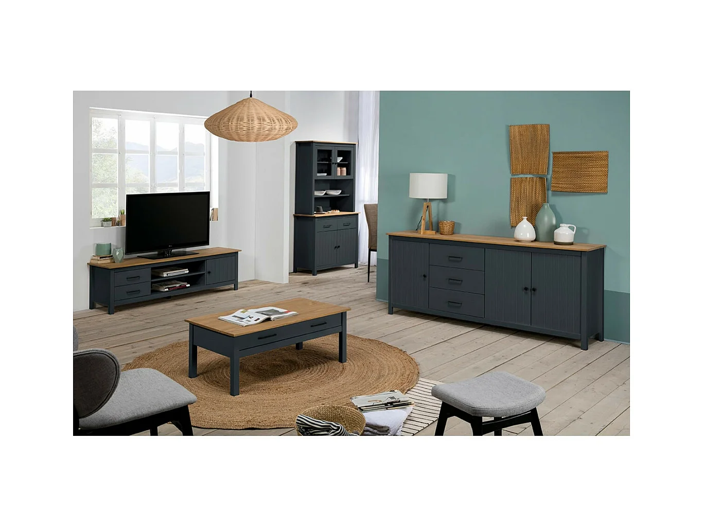 TINA - Meuble TV 1 Porte 2 Tiroirs Bois Ciré et Bleu Pétrole