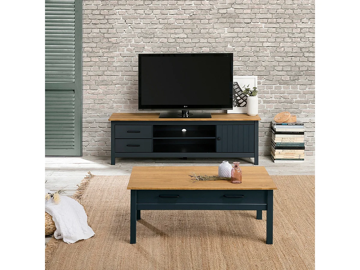 TINA - Meuble TV 1 Porte 2 Tiroirs Bois Ciré et Bleu Pétrole