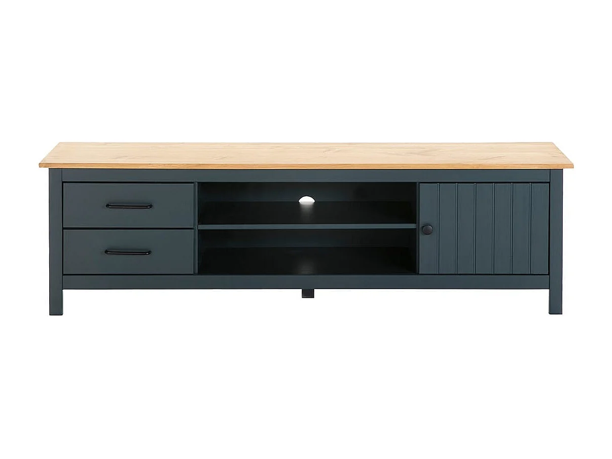 TINA - Meuble TV 1 Porte 2 Tiroirs Bois Ciré et Bleu Pétrole
