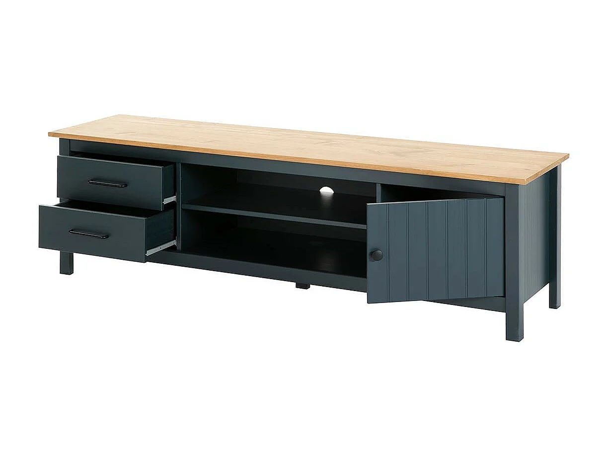 TINA - Meuble TV 1 Porte 2 Tiroirs Bois Ciré et Bleu Pétrole