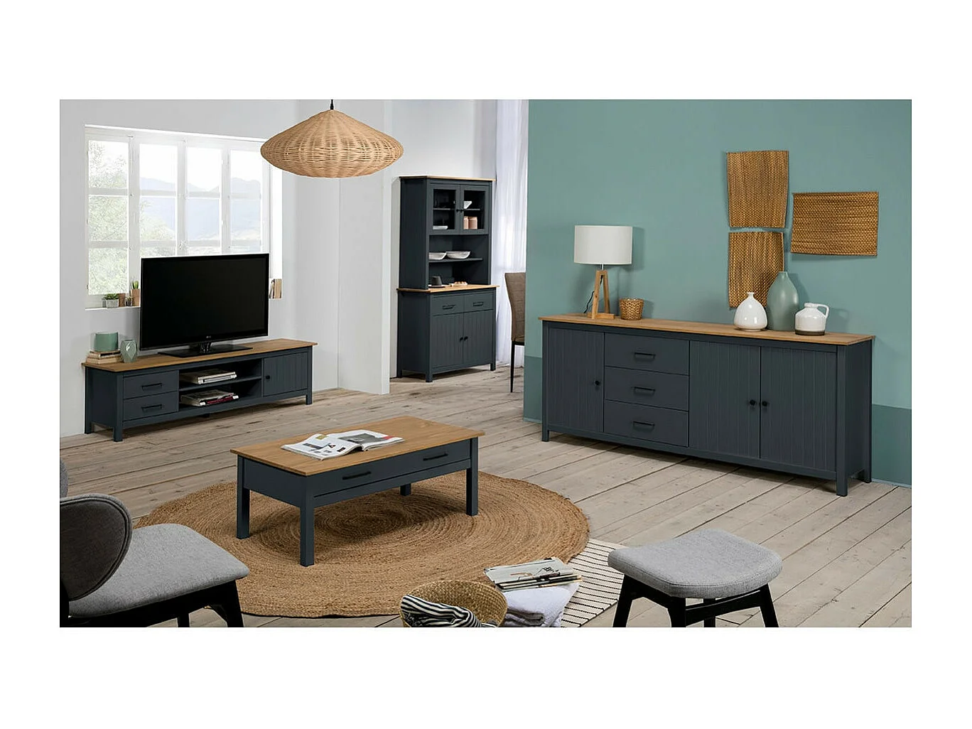 TINA - Meuble TV 1 Porte 2 Tiroirs Bois Ciré et Bleu Pétrole