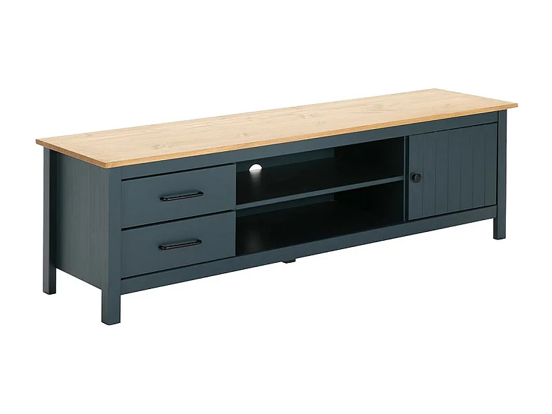 TINA - Meuble TV 1 Porte 2 Tiroirs Bois Ciré et Bleu Pétrole