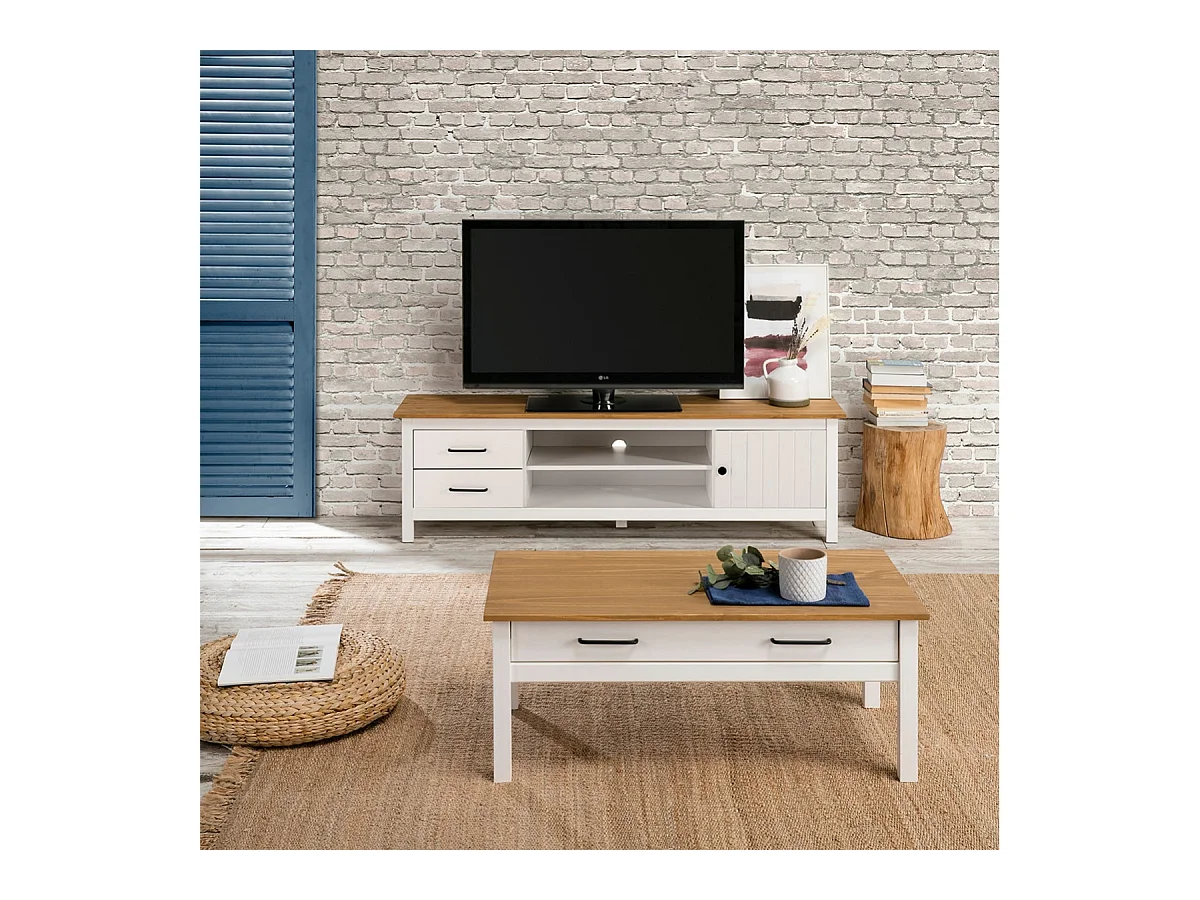 TINA - Meuble TV 1 Porte 2 Tiroirs Bois Ciré et Blanc