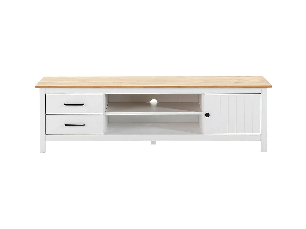 TINA - Meuble TV 1 Porte 2 Tiroirs Bois Ciré et Blanc