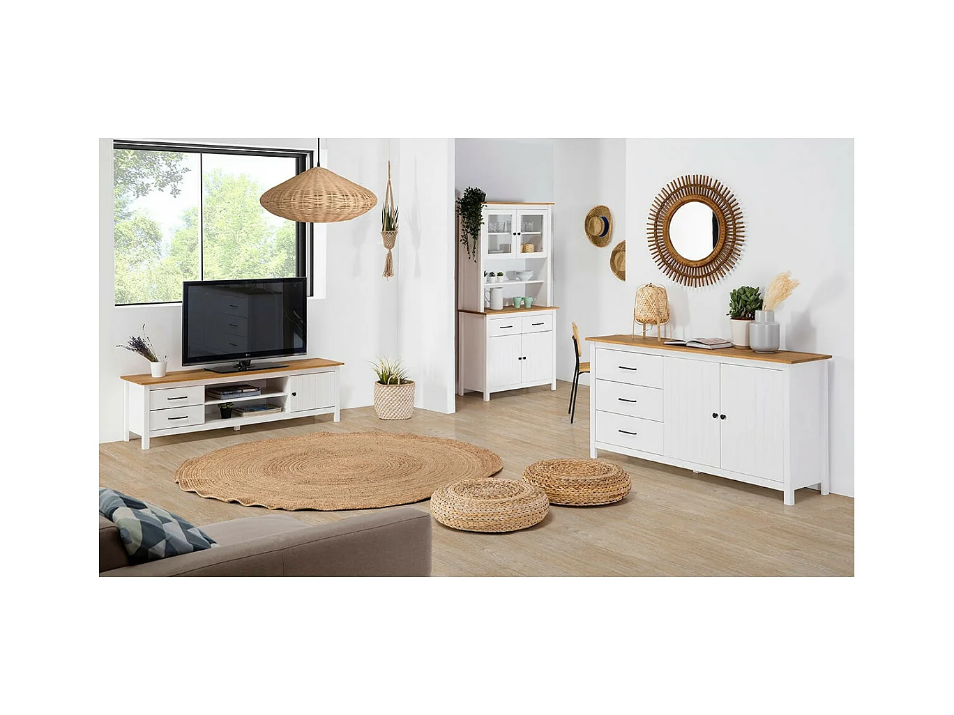 TINA - Meuble TV 1 Porte 2 Tiroirs Bois Ciré et Blanc