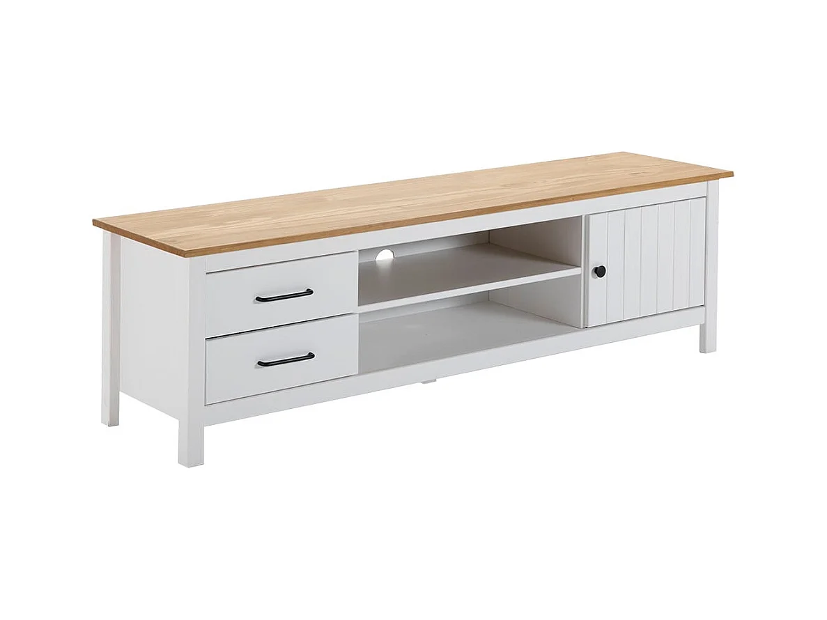 TINA - Meuble TV 1 Porte 2 Tiroirs Bois Ciré et Blanc