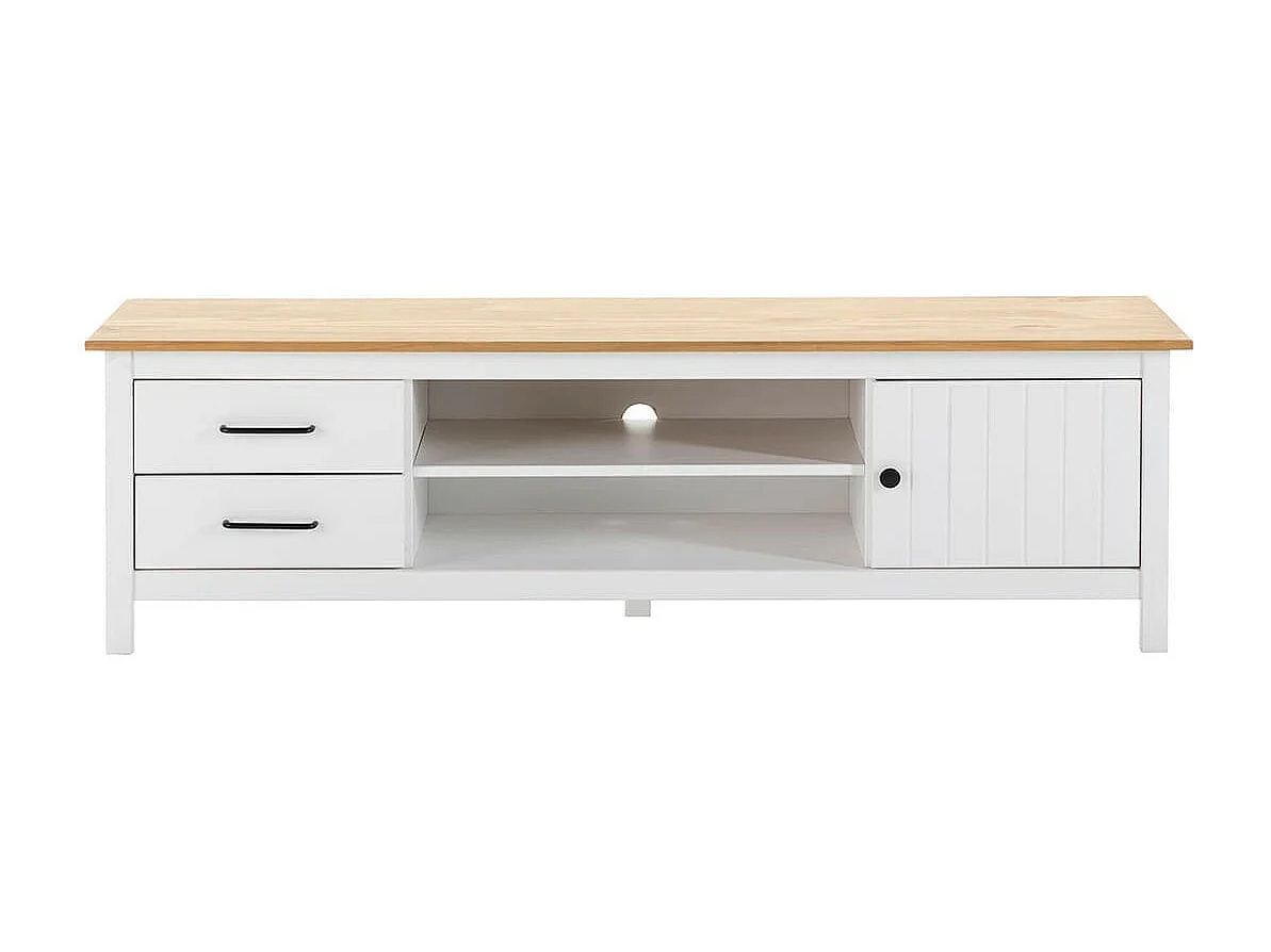 TINA - Meuble TV 1 Porte 2 Tiroirs Bois Ciré et Blanc