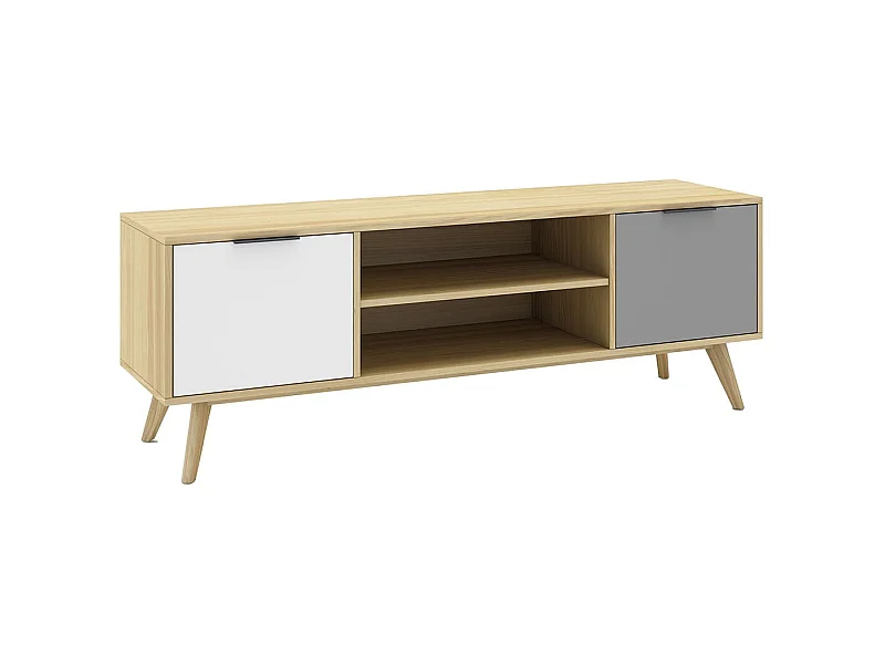 BORGH - Meuble TV 140cm 2 Portes Scandinave Pin Massif Gris, Blanc et Effet Chêne