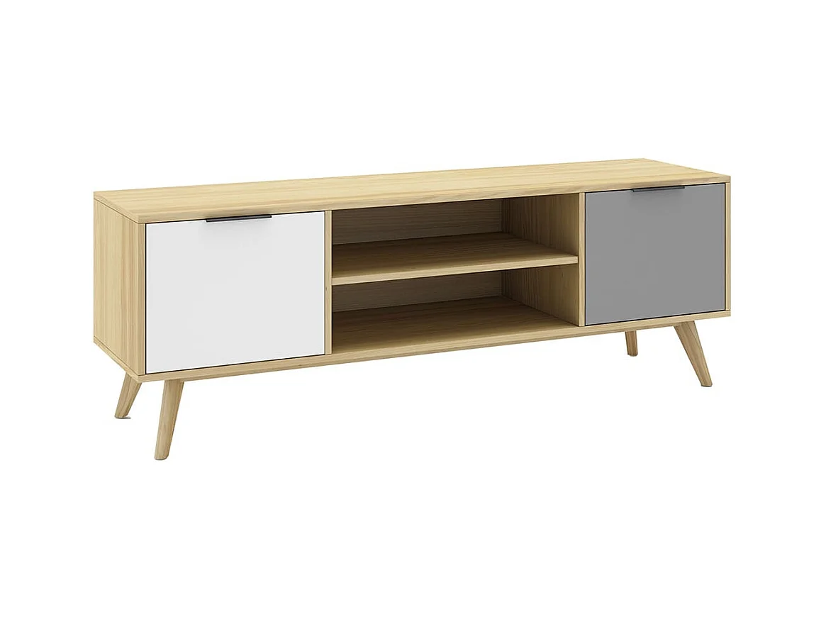 BORGH - Meuble TV 140cm 2 Portes Scandinave Pin Massif Gris, Blanc et Effet Chêne