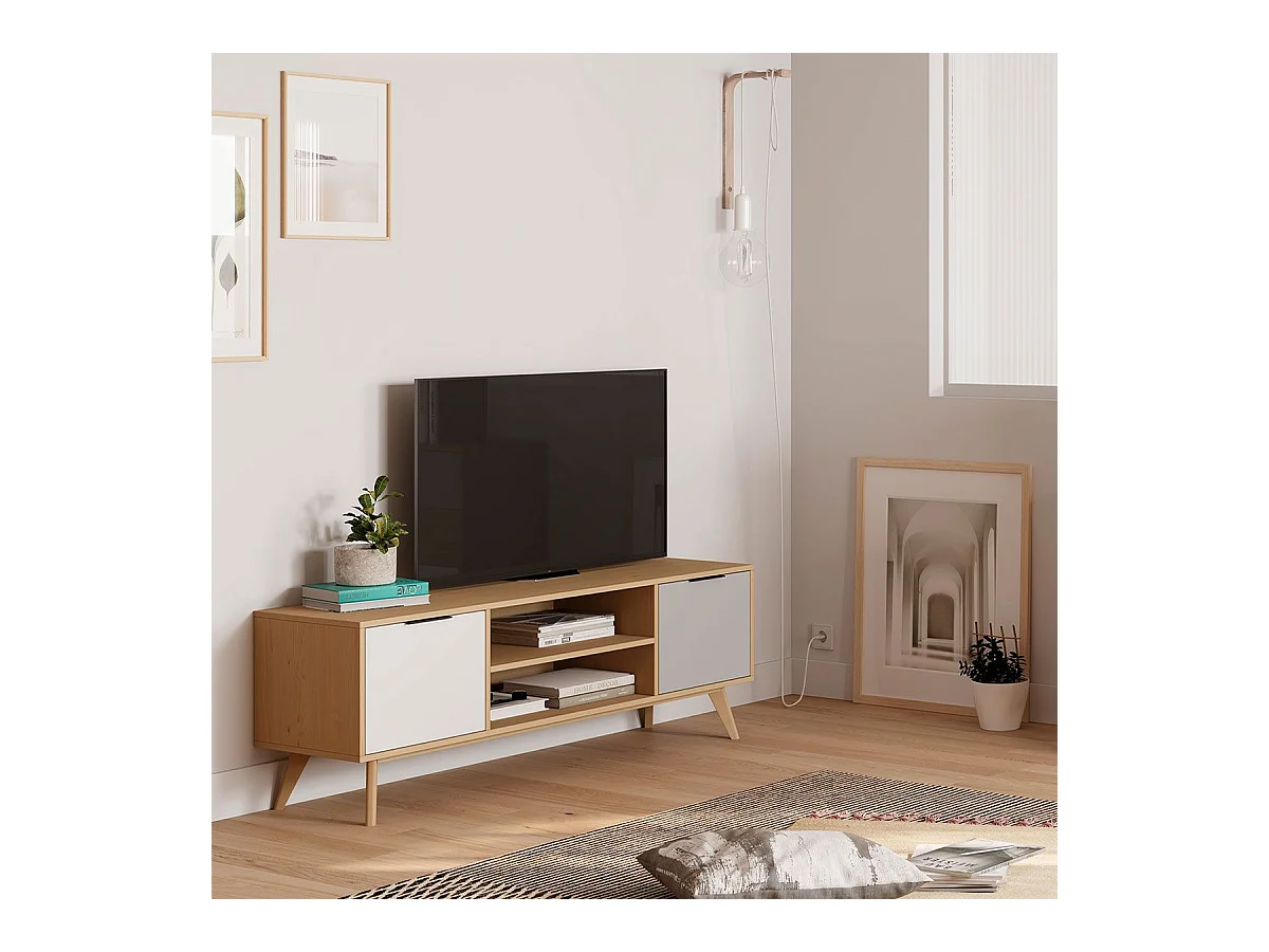 BORGH - Meuble TV 140cm 2 Portes Scandinave Pin Massif Gris, Blanc et Effet Chêne