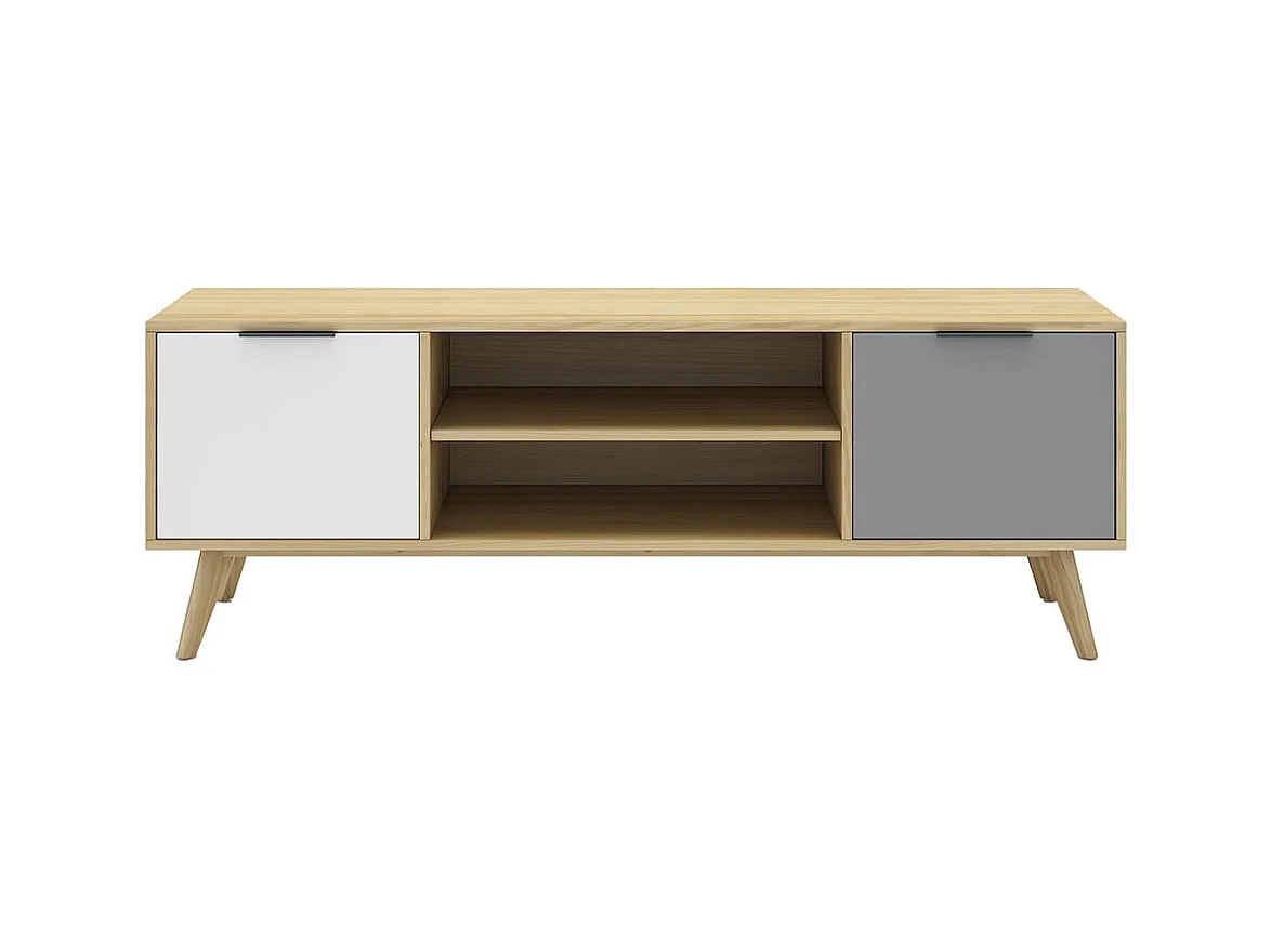 BORGH - Meuble TV 140cm 2 Portes Scandinave Pin Massif Gris, Blanc et Effet Chêne