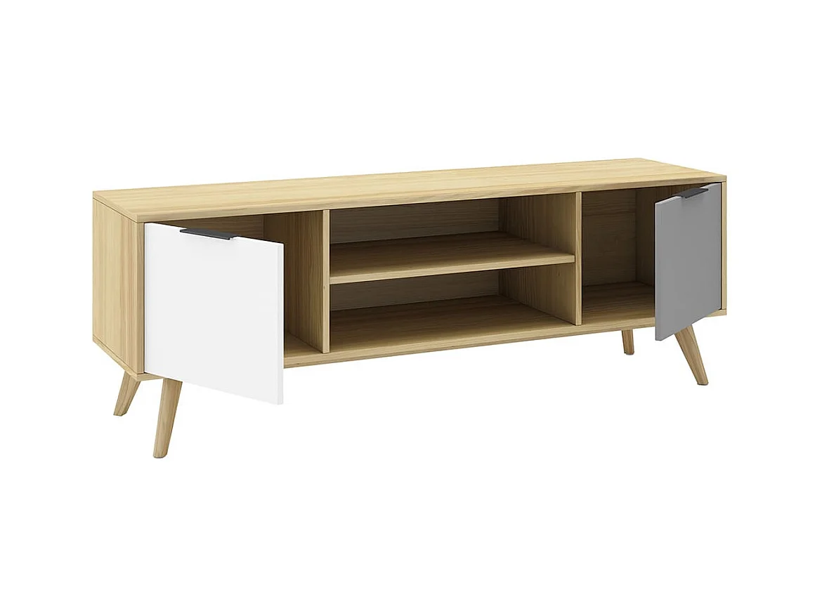 BORGH - Meuble TV 140cm 2 Portes Scandinave Pin Massif Gris, Blanc et Effet Chêne