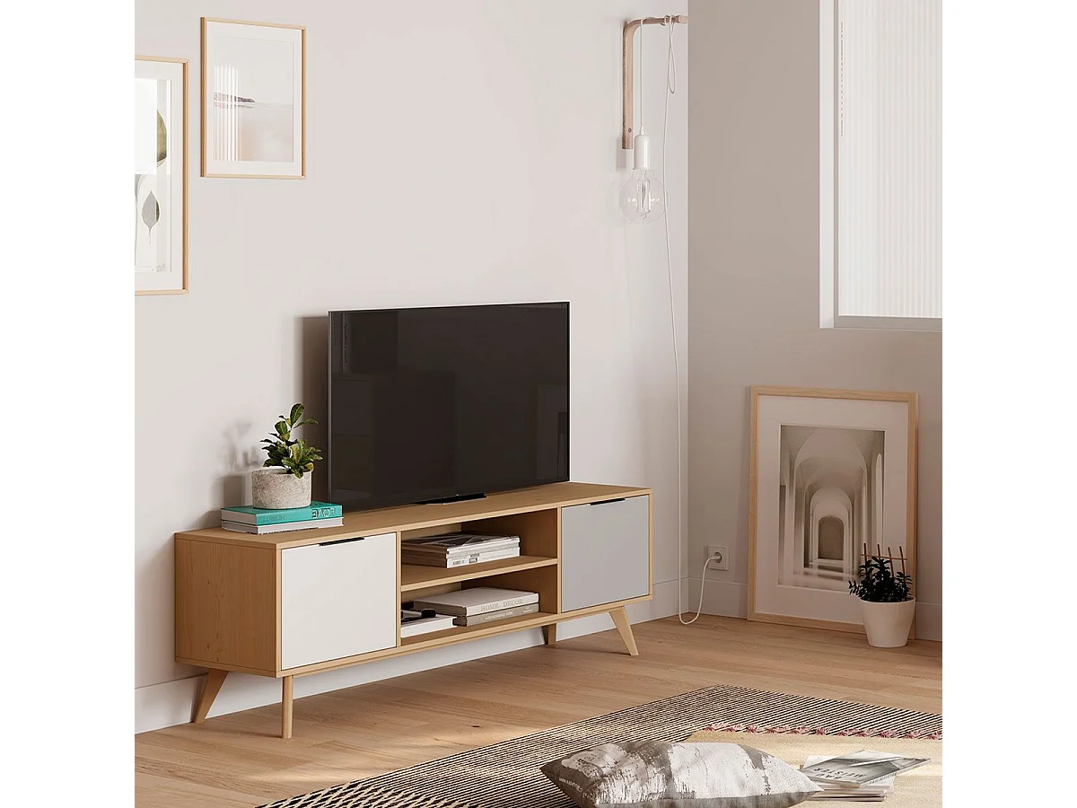 BORGH - Meuble TV 140cm 2 Portes Scandinave Pin Massif Gris, Blanc et Effet Chêne