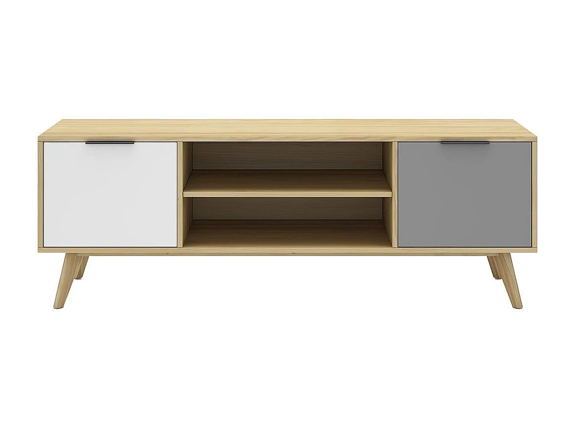 BORGH - Meuble TV 140cm 2 Portes Scandinave Pin Massif Gris, Blanc et Effet Chêne