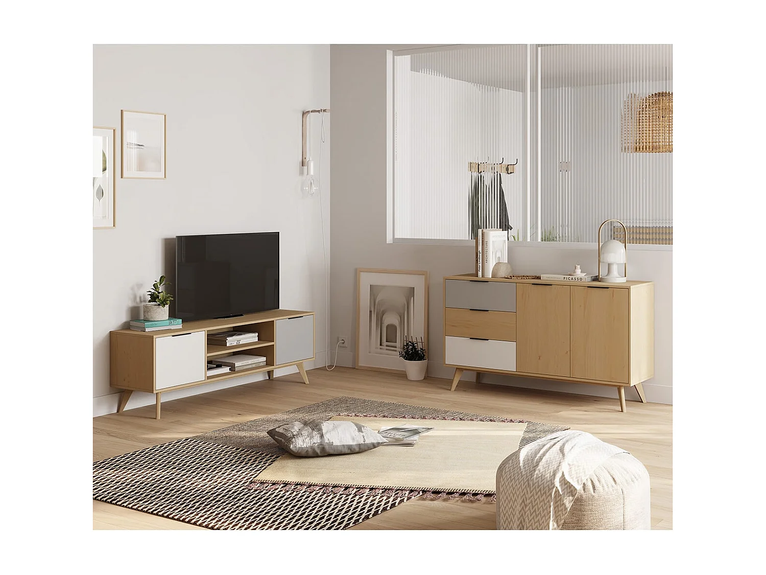BORGH - Meuble TV 140cm 2 Portes Scandinave Pin Massif Gris, Blanc et Effet Chêne