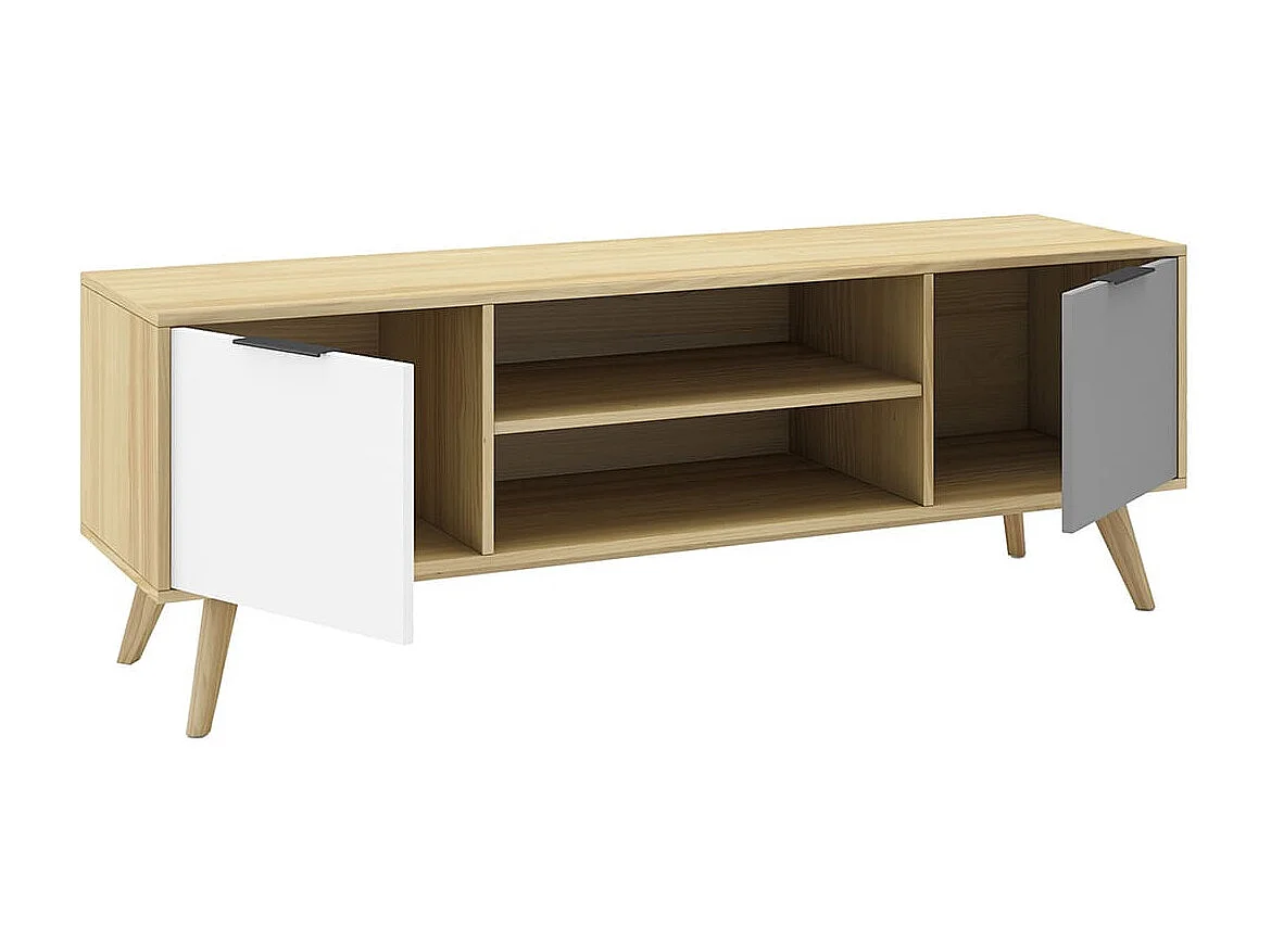 BORGH - Meuble TV 140cm 2 Portes Scandinave Pin Massif Gris, Blanc et Effet Chêne