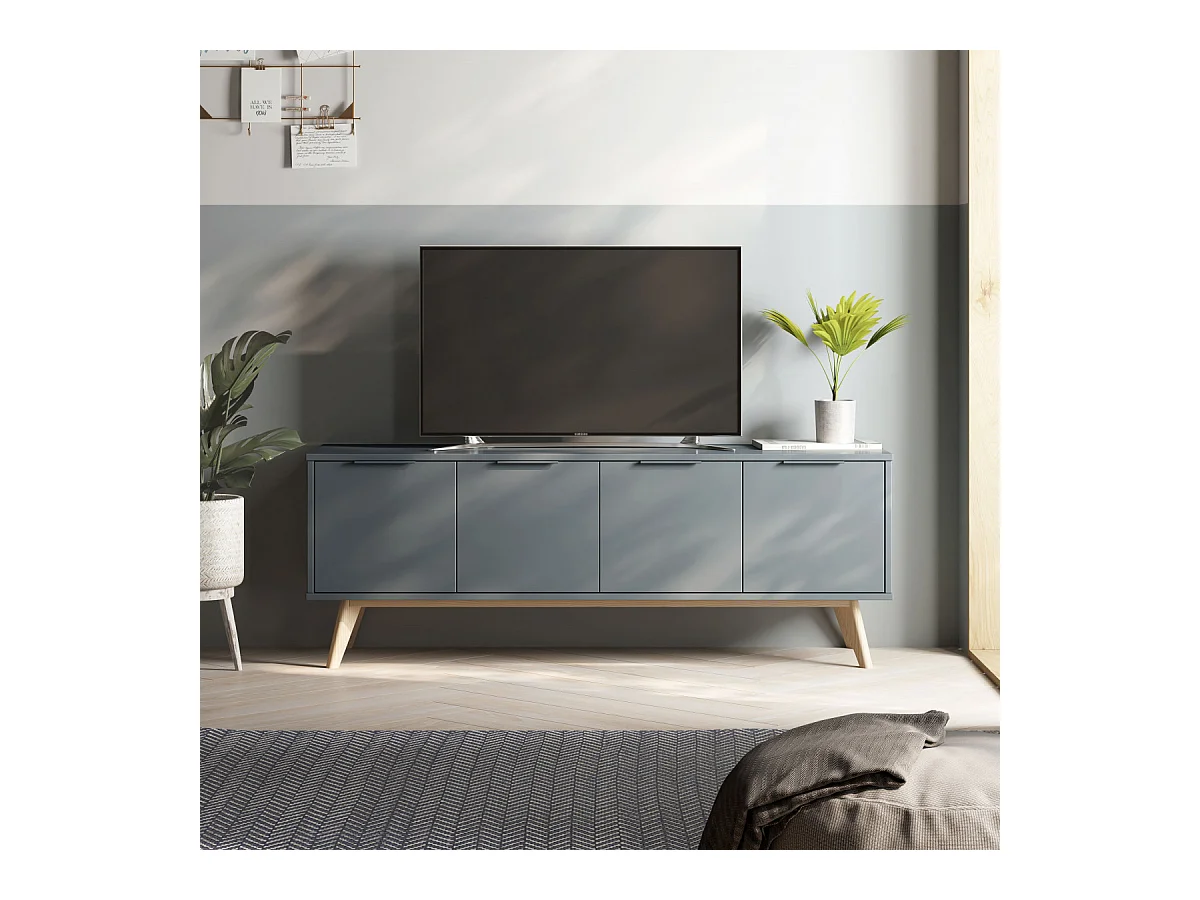 CANACA - Meuble TV 4 Portes Scandinave MDF et Pin Massif Gris Vert