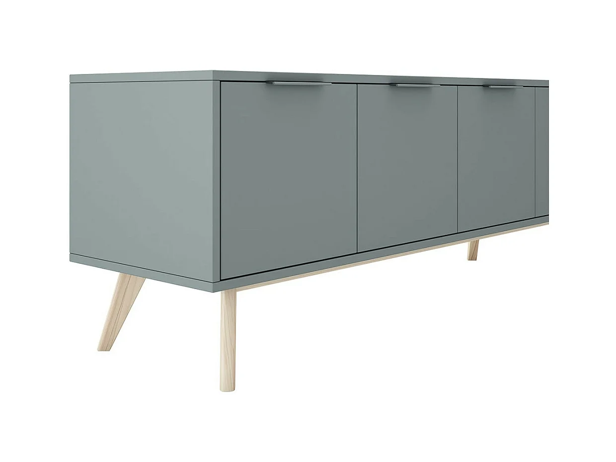 CANACA - Meuble TV 4 Portes Scandinave MDF et Pin Massif Gris Vert