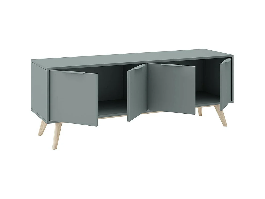 CANACA - Meuble TV 4 Portes Scandinave MDF et Pin Massif Gris Vert