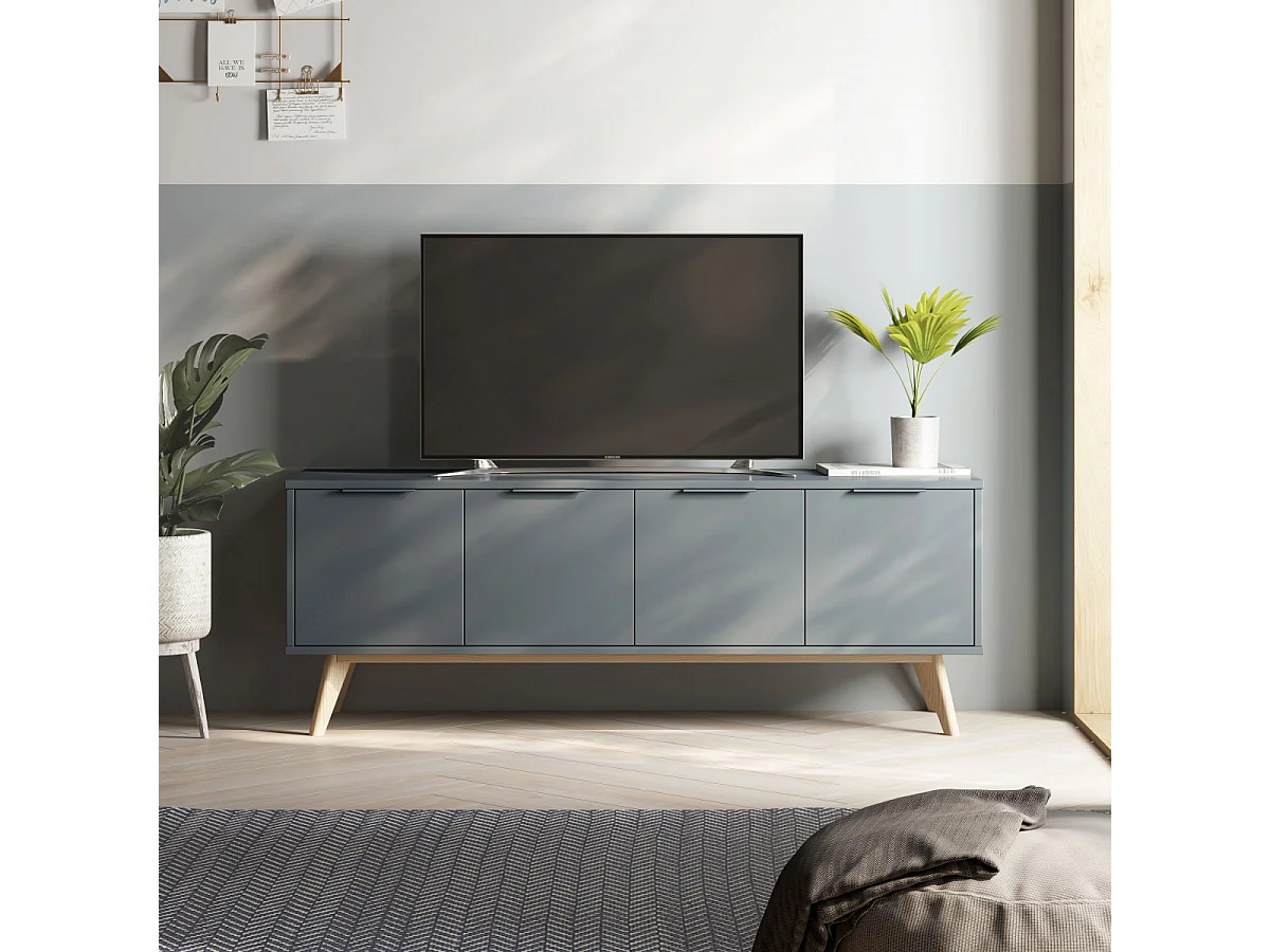 CANACA - Meuble TV 4 Portes Scandinave MDF et Pin Massif Gris Vert