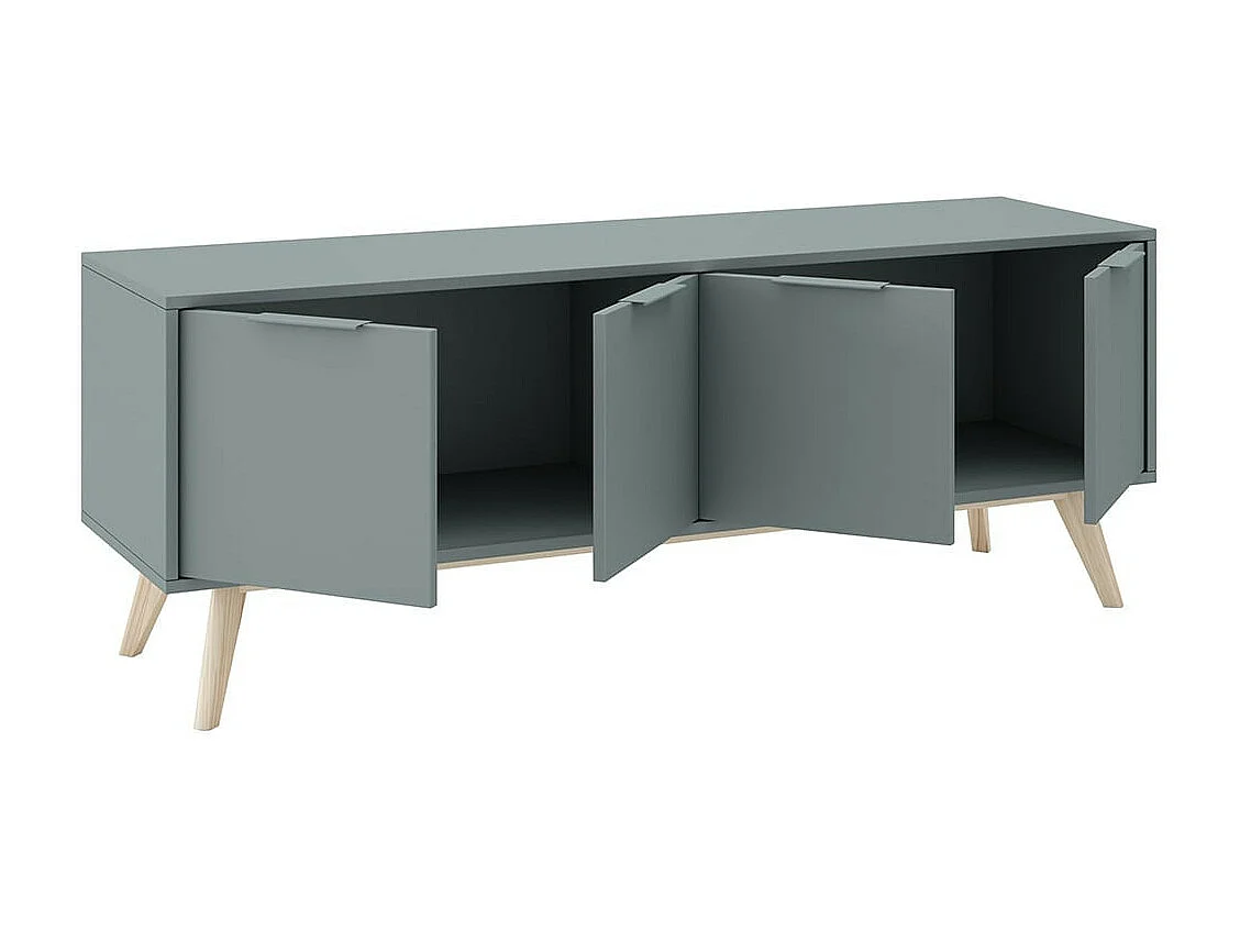 CANACA - Meuble TV 4 Portes Scandinave MDF et Pin Massif Gris Vert