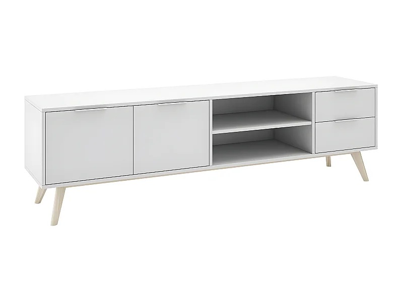 BLAJK - Meuble TV 180cm 2 Portes 2 Tiroirs Scandinave MDF et Pin Massif Naturel et Blanc