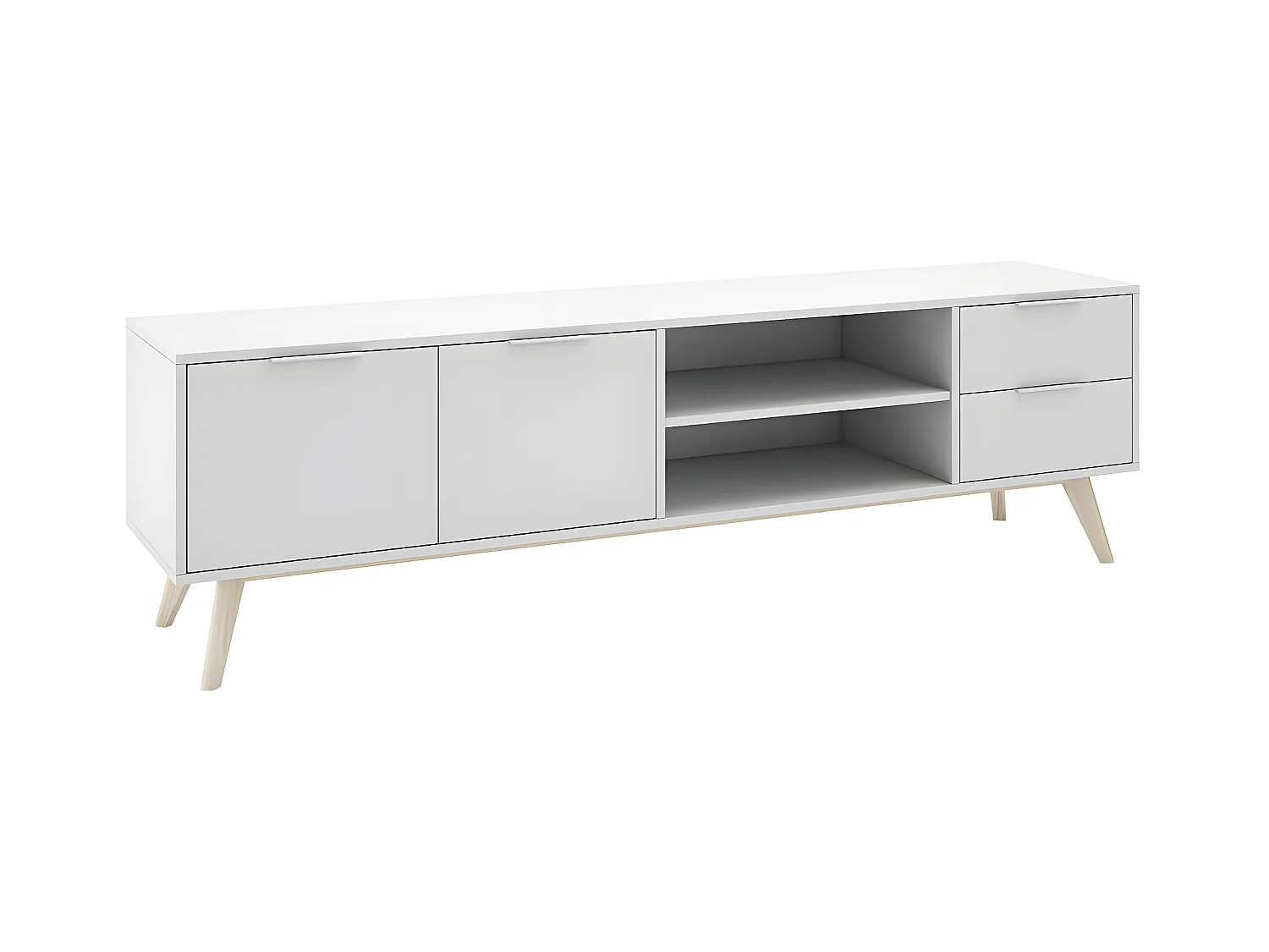 BLAJK - Meuble TV 180cm 2 Portes 2 Tiroirs Scandinave MDF et Pin Massif Naturel et Blanc