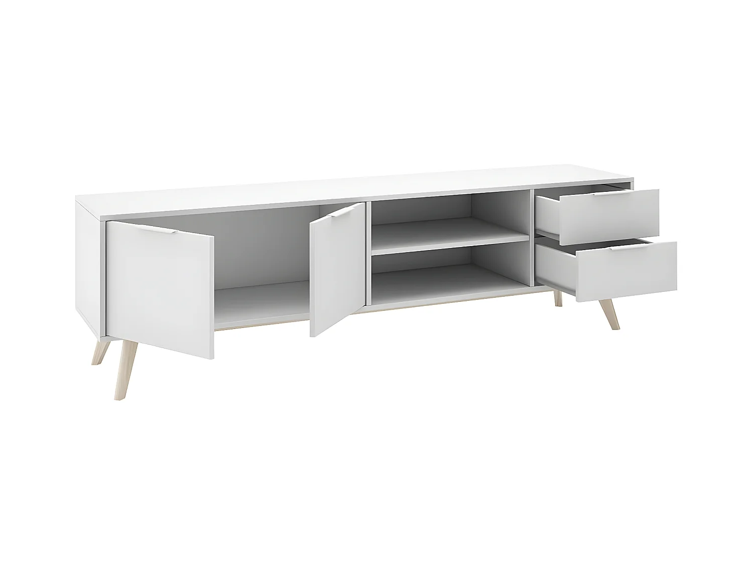 BLAJK - Meuble TV 180cm 2 Portes 2 Tiroirs Scandinave MDF et Pin Massif Naturel et Blanc