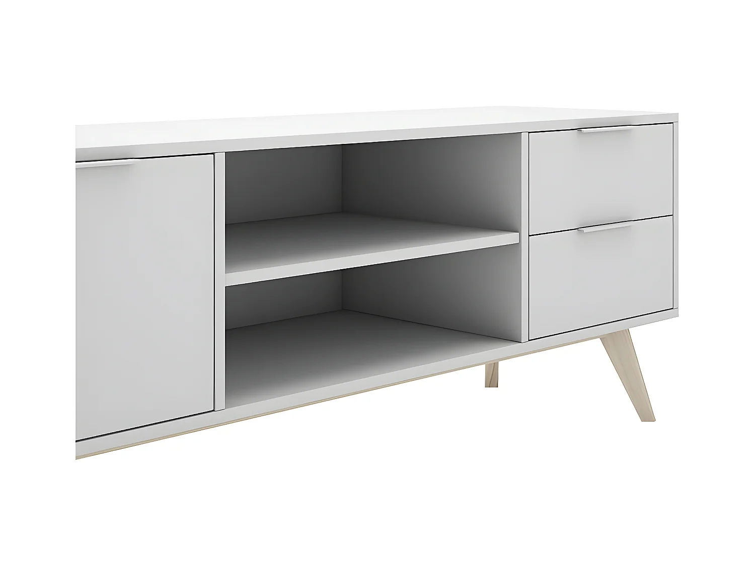 BLAJK - Meuble TV 180cm 2 Portes 2 Tiroirs Scandinave MDF et Pin Massif Naturel et Blanc