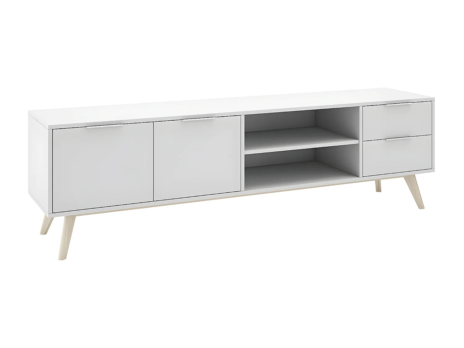 BLAJK - Meuble TV 180cm 2 Portes 2 Tiroirs Scandinave MDF et Pin Massif Naturel et Blanc