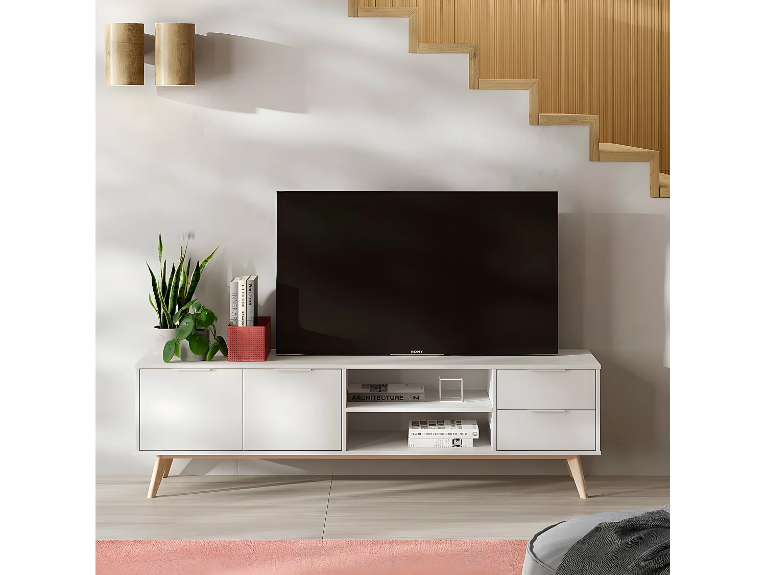 BLAJK - Meuble TV 180cm 2 Portes 2 Tiroirs Scandinave MDF et Pin Massif Naturel et Blanc