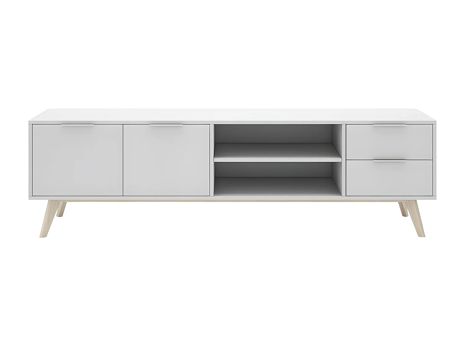 BLAJK - Meuble TV 180cm 2 Portes 2 Tiroirs Scandinave MDF et Pin Massif Naturel et Blanc