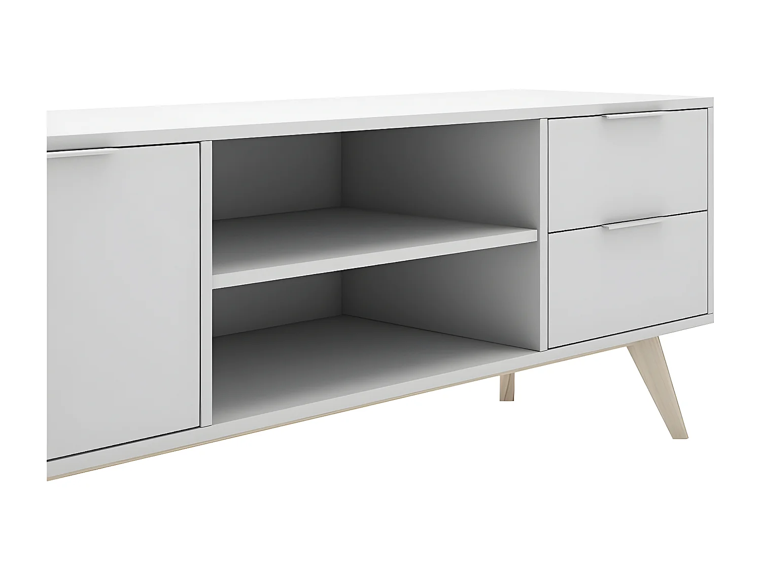 BLAJK - Meuble TV 180cm 2 Portes 2 Tiroirs Scandinave MDF et Pin Massif Naturel et Blanc