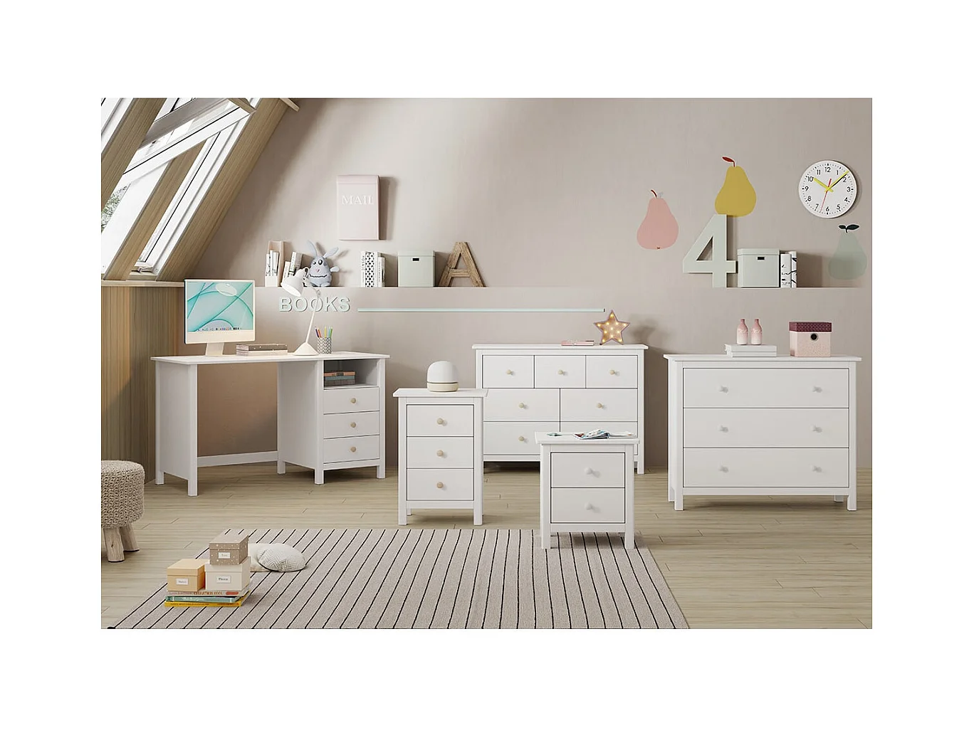 DAVA - Bureau 3 Tiroirs en Pin Massif Blanc