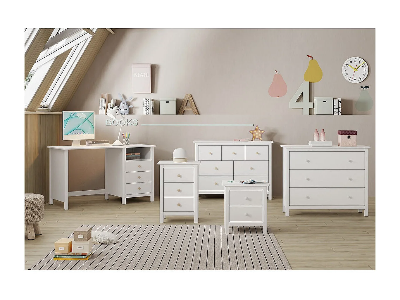 DAVA - Bureau 3 Tiroirs en Pin Massif Blanc