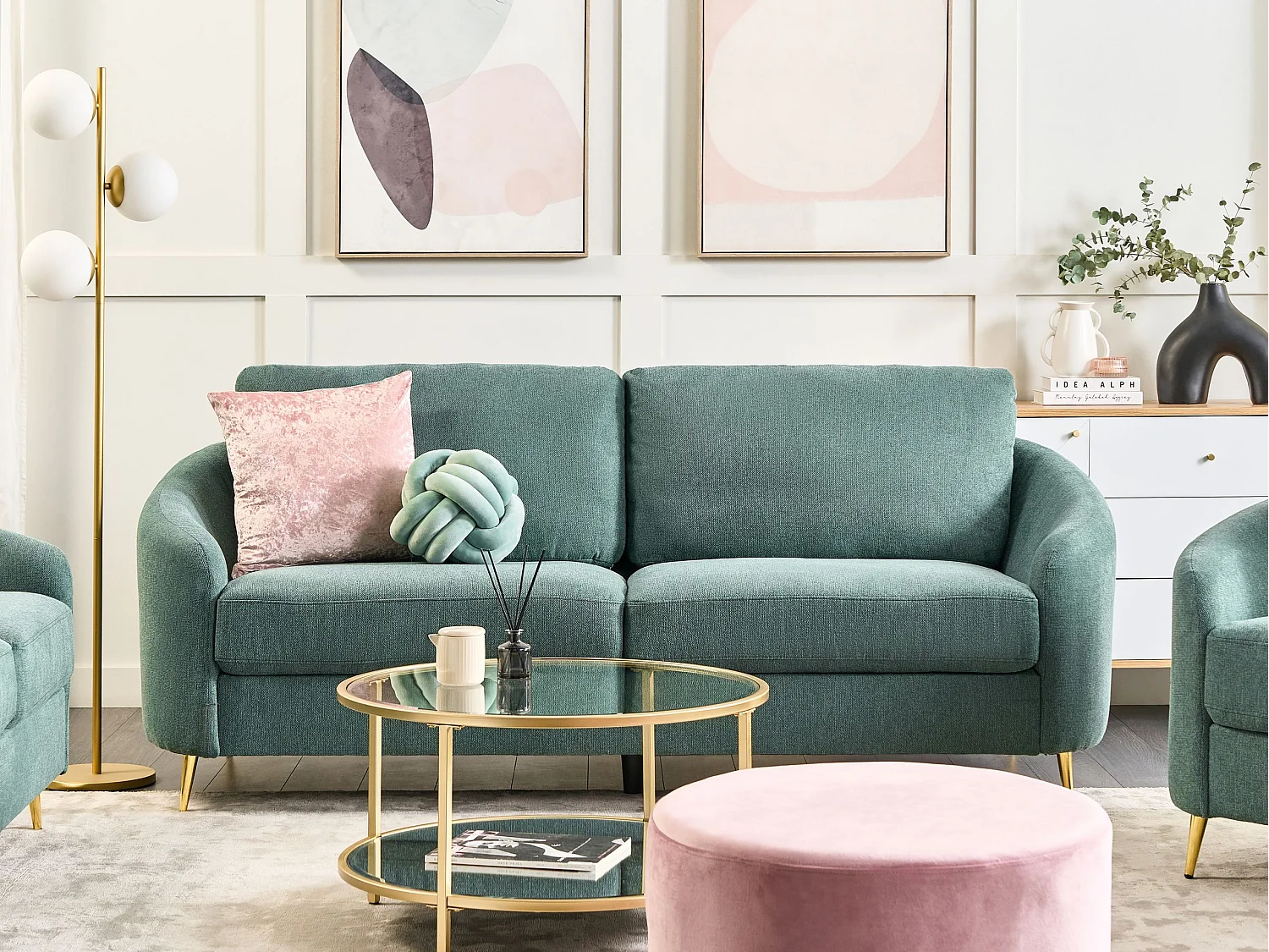 3-Sitzer Sofa grün mit Armlehnen goldenen Füßen Glamourös Modern Trosa