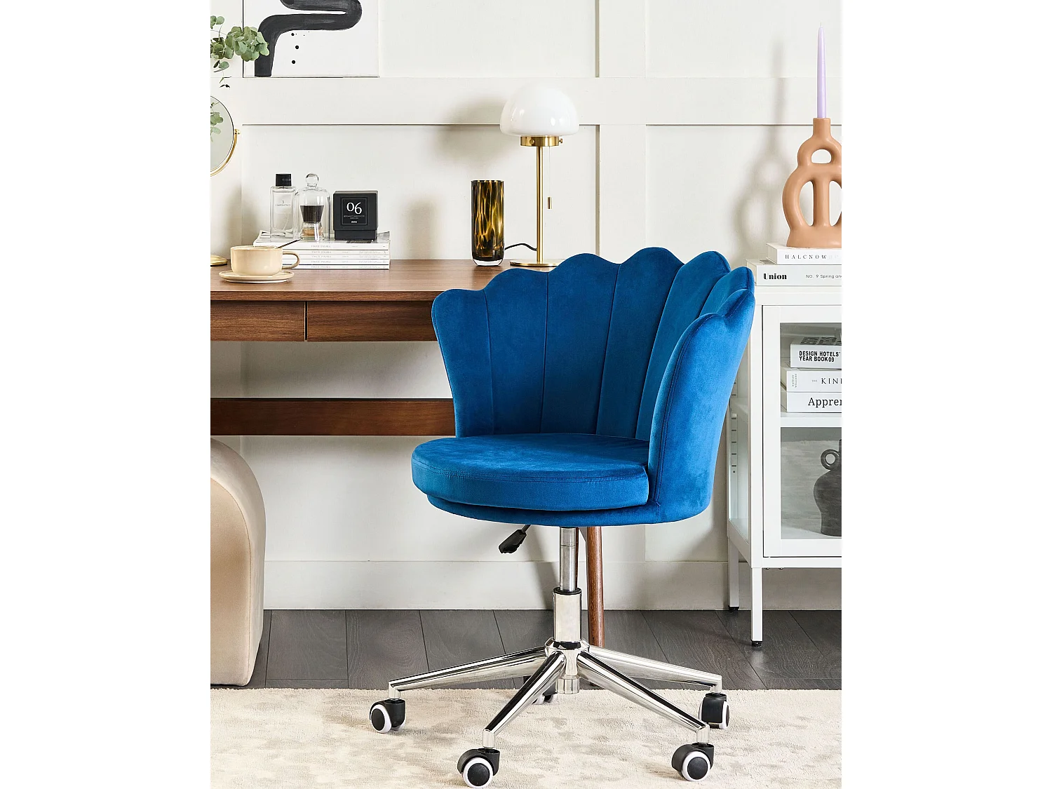 Bürostuhl Samtstoff blau / silber höhenverstellbar drehbar elegant Monticello