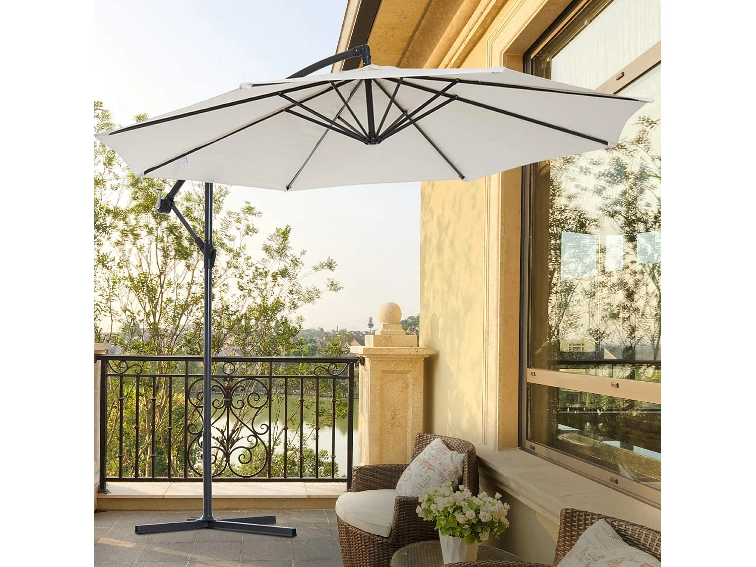 Ombrellone palo laterale "Texas" in acciaio da esterno per giardino e balcone / Tortora / Diam. 3 mt