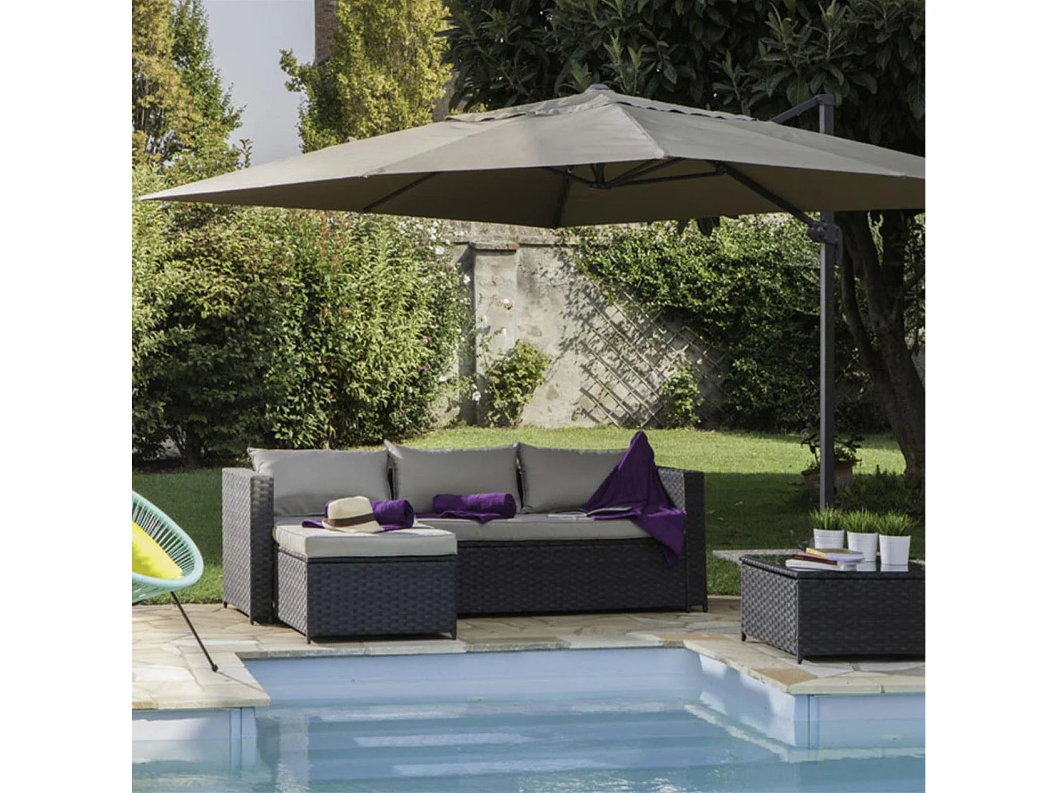Ombrellone con palo laterale ''Saturno'' in alluminio verniciato a polvere da giardino e balcone / 3 x 4 Mt / Bianco