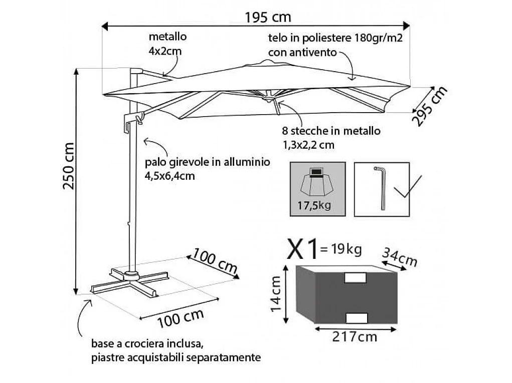 Ombrellone palo laterale ''Newton'' in alluminio verniciato da giardino e balcone / 3 x 2 Mt / Grigio