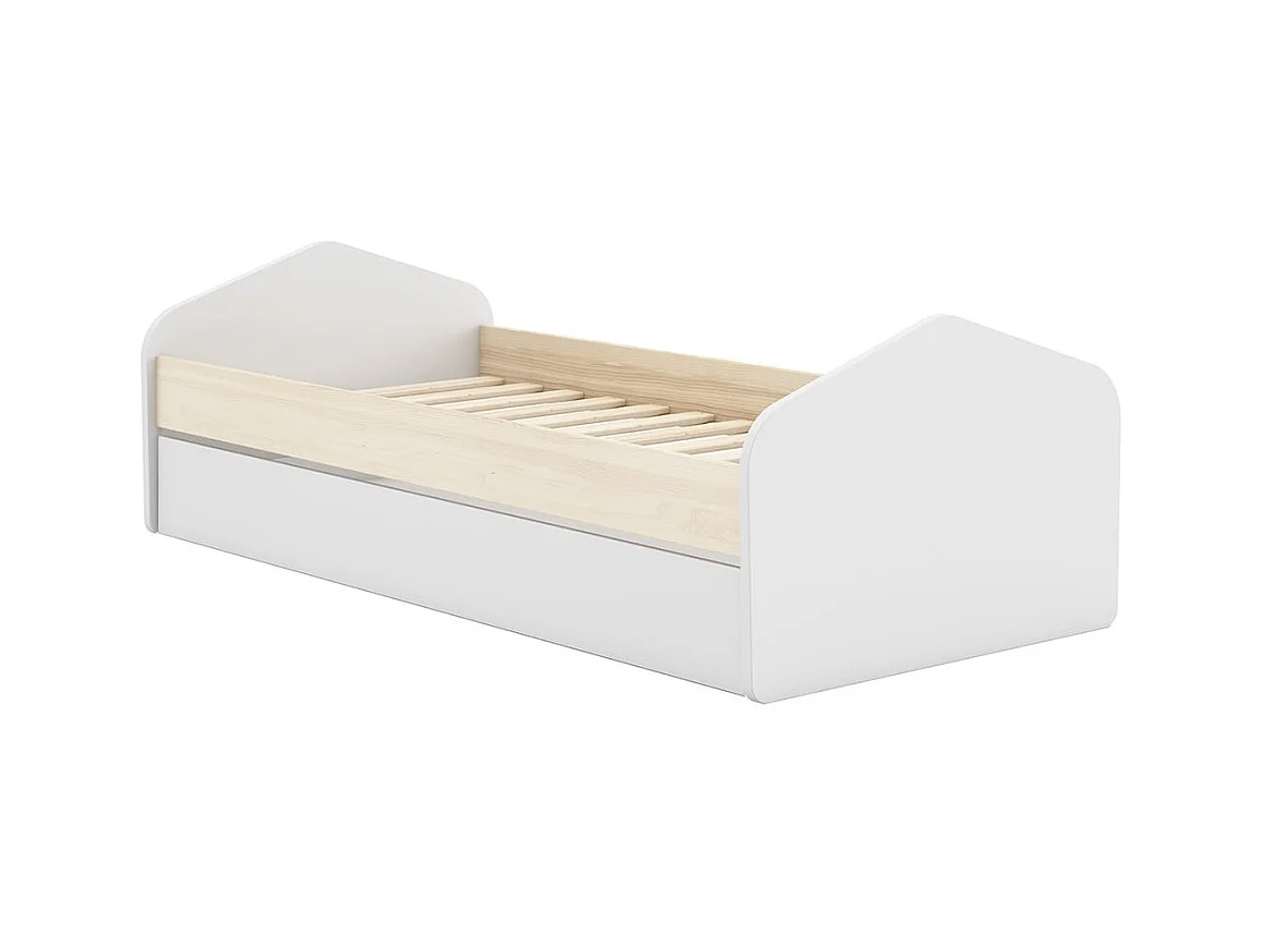 KAINA - Lit 90x200cm avec Tiroir en MDF et Pin Coloris Blanc et Naturel