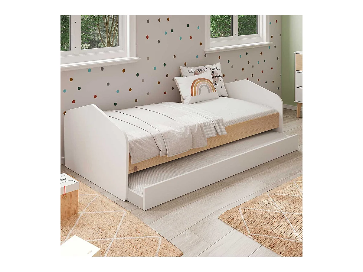 KAINA - Lit 90x200cm avec Tiroir en MDF et Pin Coloris Blanc et Naturel