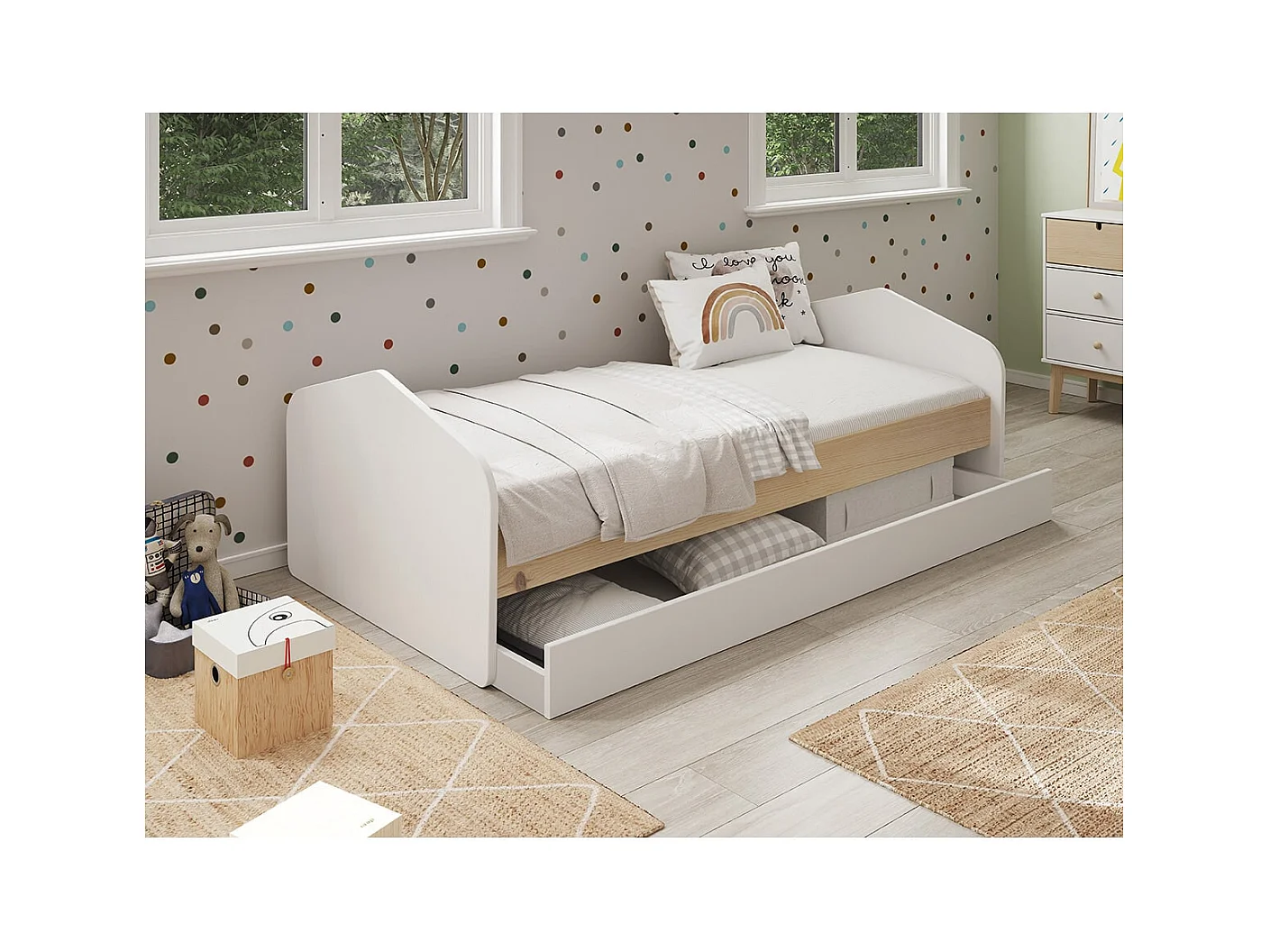 KAINA - Lit 90x200cm avec Tiroir en MDF et Pin Coloris Blanc et Naturel