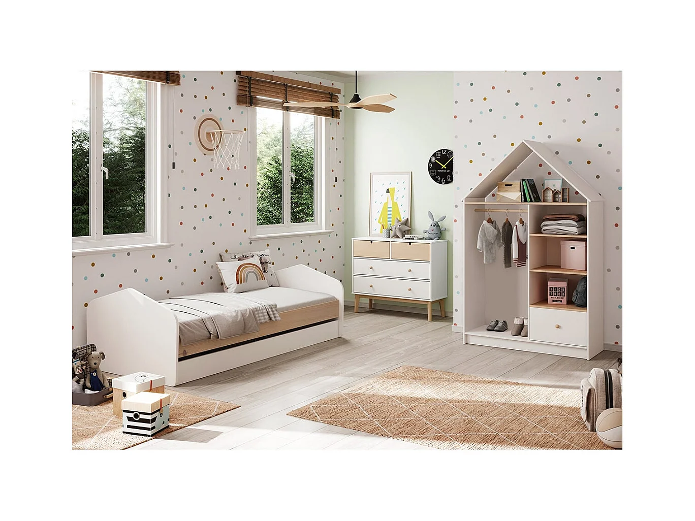 KAINA - Lit 90x200cm avec Tiroir en MDF et Pin Coloris Blanc et Naturel